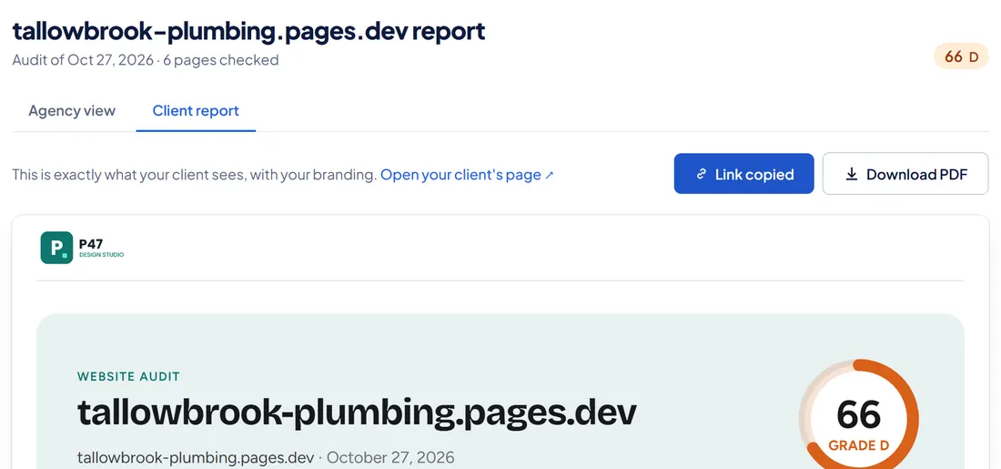 The Client report tab with the Share this report button showing Link copied, next to Download PDF